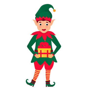 Funny Christmas elf holds a box with a gift. Vector illustration. Cartoon character.