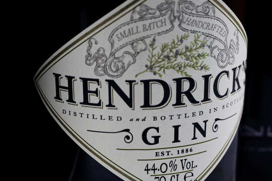 Viersen, Germany - July 9. 2020: Closeup of scottish hendricks dry gin bottle label lettering (focus on first letter H)