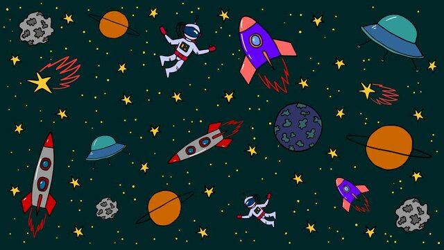 Animation of pattern with doodle style space elements. Rockets, planet, stars
