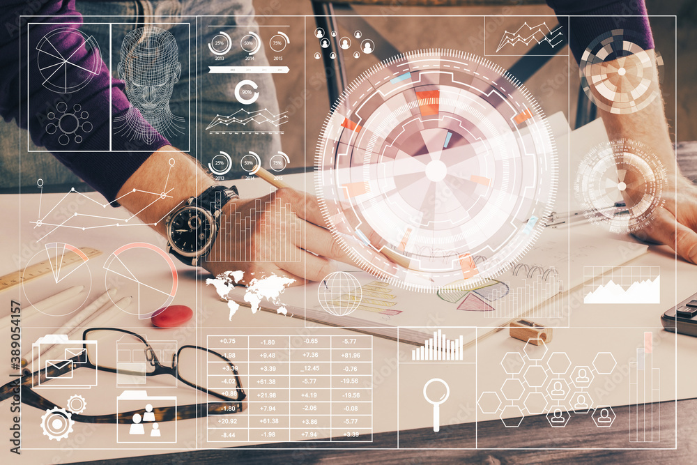 Poster Writing man with technology icons. . Double exposure. Network and data concept.