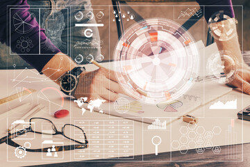 Writing man with technology icons. . Double exposure. Network and data concept.