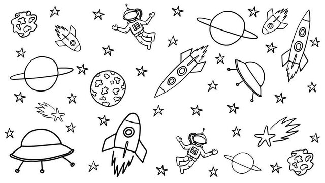 Animation of pattern with doodle style space elements. Rockets, planet, stars