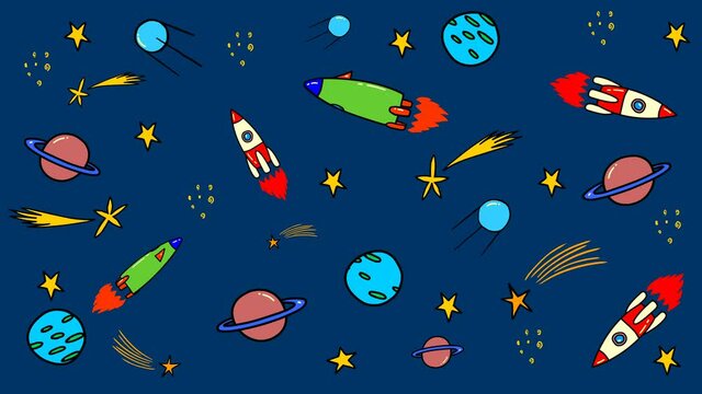 Animation of pattern with doodle style space elements. Rockets, planet, stars