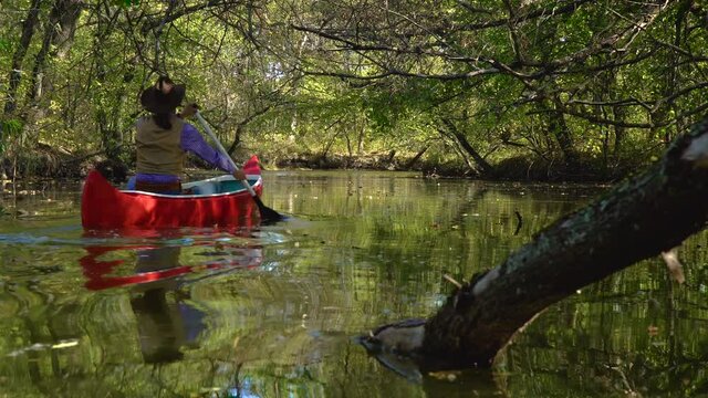 Cowboy in a canoe floats on the river in the forest. Historical reconstruction of life in the wild west of America. 4K