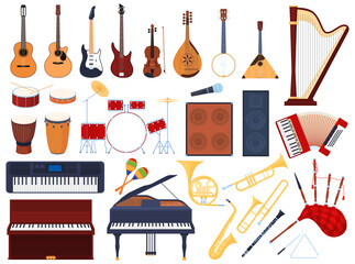 Set of musical instruments, stringed musical instruments, wind instruments, drums, keyboard musical instruments. Vector illustration