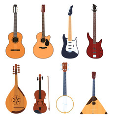 Set of musical instruments, stringed musical instruments, classical musical instruments, guitars, national musical instruments. Vector illustration
