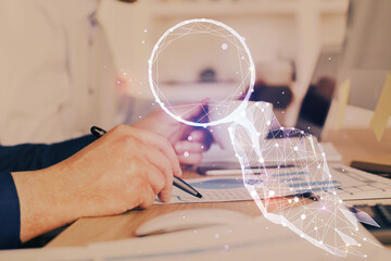 Obraz premium Creative start up concept hologram multi exposure with human hand background.