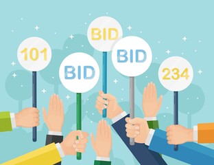 Businessman hold auction paddle in hand. Bidding, auction competition concept. People rise signs with BID inscriptions. Business trade process