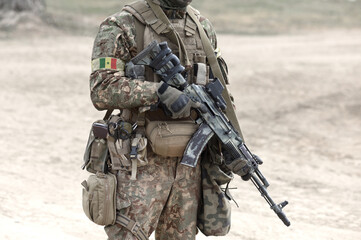 Soldier with assault rifle and flag of Senegal on military uniform. Collage.