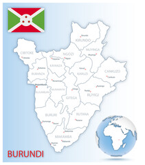 Detailed Burundi administrative map with country flag and location on a blue globe.