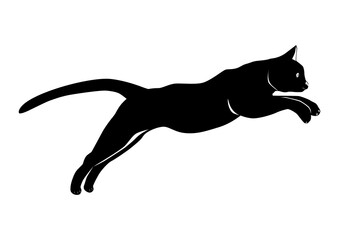 Jumping cat. Black and white silhouette of a jumping cat. Flat vector.