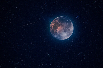 Fototapeta na wymiar Beautiful full moon on the bright blue starry sky. Astronomical background.