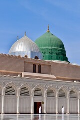 Obraz premium Green and white domes of the mosque Al-Masjid an-Nabawi, Medina, Saudi Arabia, KSA