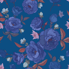 Vector floral seamless pattern with blue roses, chrysanthemums, and white jasmine