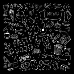 Set of hand drawn doodle fast food icons. Hand drawn doodle set Fast food. Vector illustration. Junk food items collection. Cartoon snack different sketch icon: soda, hamburger, french fries, hot dog,