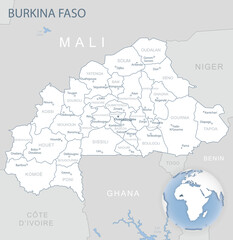 Blue-gray detailed map of Burkina Faso administrative divisions and location on the globe.