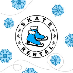 Hand Drawn Skate Rental Logo in stamp. Winter equipment emblem for stickers and badges. Vector illustration for sports and rental projects.