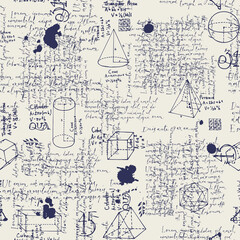 Abstract seamless pattern with overlay handwritten Lorem ipsum text and hand-drawn geometric figures on an old paper backdrop. Vector background in the style of sketches and drafts of diary notes - obrazy, fototapety, plakaty