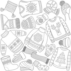 Winter clothes black and white vector set
