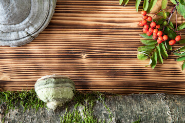 Hintergrund oder Untergrund aus braunem Holz mit Früchten und Laub vom Herbst