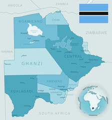 Blue-green detailed map of Botswana administrative divisions with country flag and location on the globe.