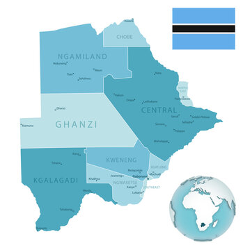 Botswana administrative blue-green map with country flag and location on a globe.