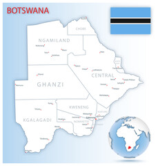 Fototapeta premium Detailed Botswana administrative map with country flag and location on a blue globe.