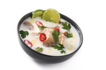 Traditional Thai food Tom Kha Gai in bowl isolated on white background