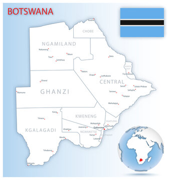 Detailed Botswana administrative map with country flag and location on a blue globe.