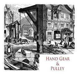 Typographic front chapter vignette about hand gears and pulleys used for loading and lifting  weights in the construction of buildings