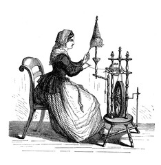 Vintage illustration of a young woman working at the spinning wheel, pulling and twisting a clump of textile fibers into a string yarn on a spindle - obrazy, fototapety, plakaty