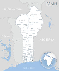Obraz premium Blue-gray detailed map of Benin administrative divisions and location on the globe.