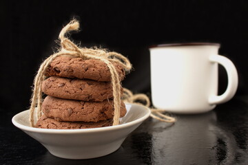 
chocolate chip cookies and coffee mug