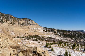 Snowy sand hill with trees and a clear sky 