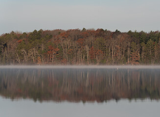 Fog Over Fall Lake with Flat Water
