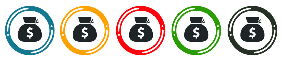 Money bag icon set. flat design vector illustration in 5 colors options for web design