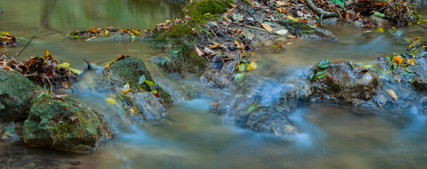 Naklejka na ściany i meble small river rushing over autumn mountain canyon covered a dry leaves