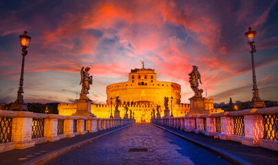 Scenic view of Castle San Angelo at sunrise with spectacular sky, Rome - obrazy, fototapety, plakaty