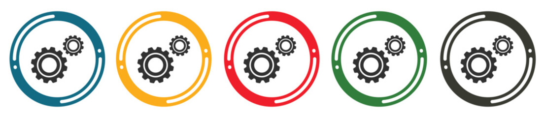 Gears icon set. flat design vector illustration in 5 colors options for web design