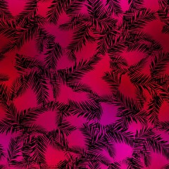 Seamless Miami night tropical pattern black foliage on sunset blur. High quality illustration. Swim, sports, or resort wear repeat print. Dark foreground on blurred background. Dark vibrant colors.