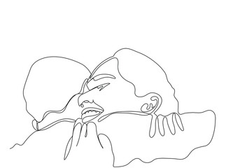 Man and a woman embracing each other. Continuous black line drawing. Removable white background.