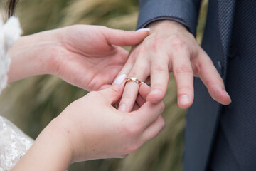 the bride puts the ring on the groom