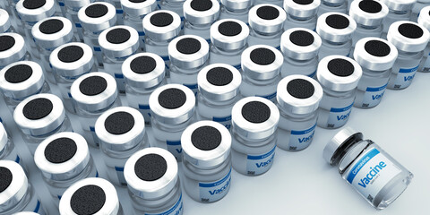 Vaccine Covid-19. Bottle vacination coronavirus. 3d render, top view.