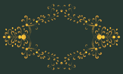 festive frame with golden curls, cute simple patterns, ornate decorations and place for text. dark background. Postcard, invitation