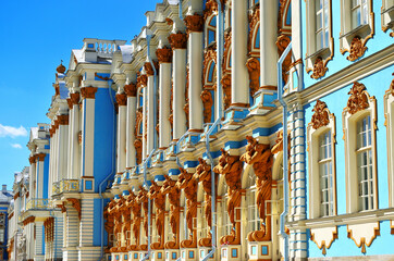 Details of the facade of the Catherine Palace in the baroque style in the Tsarskoye Selo Museum...