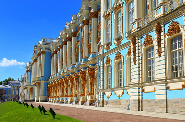 Columns on the facade of the Catherine Palace in the Tsarskoye Selo Museum Reserve. Russia, Saint...