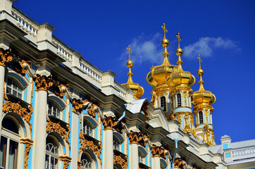 Golden domes of the Church of the Great Catherine Palace in the Boroque style in Tsarskoye Selo....