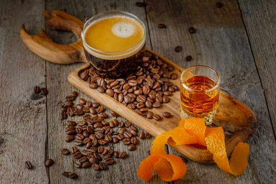 Carajillo, traditional Spanish coffee with brandy, whiskey, cognac or rum