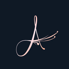 Letter A logo with decorative floral elements.Alphabet initial icon.Calligraphic lettering sign isolated on dark background.Organic shape decorations.Abstract uppercase character.