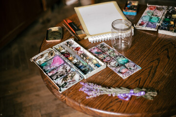 watercolours on the table
